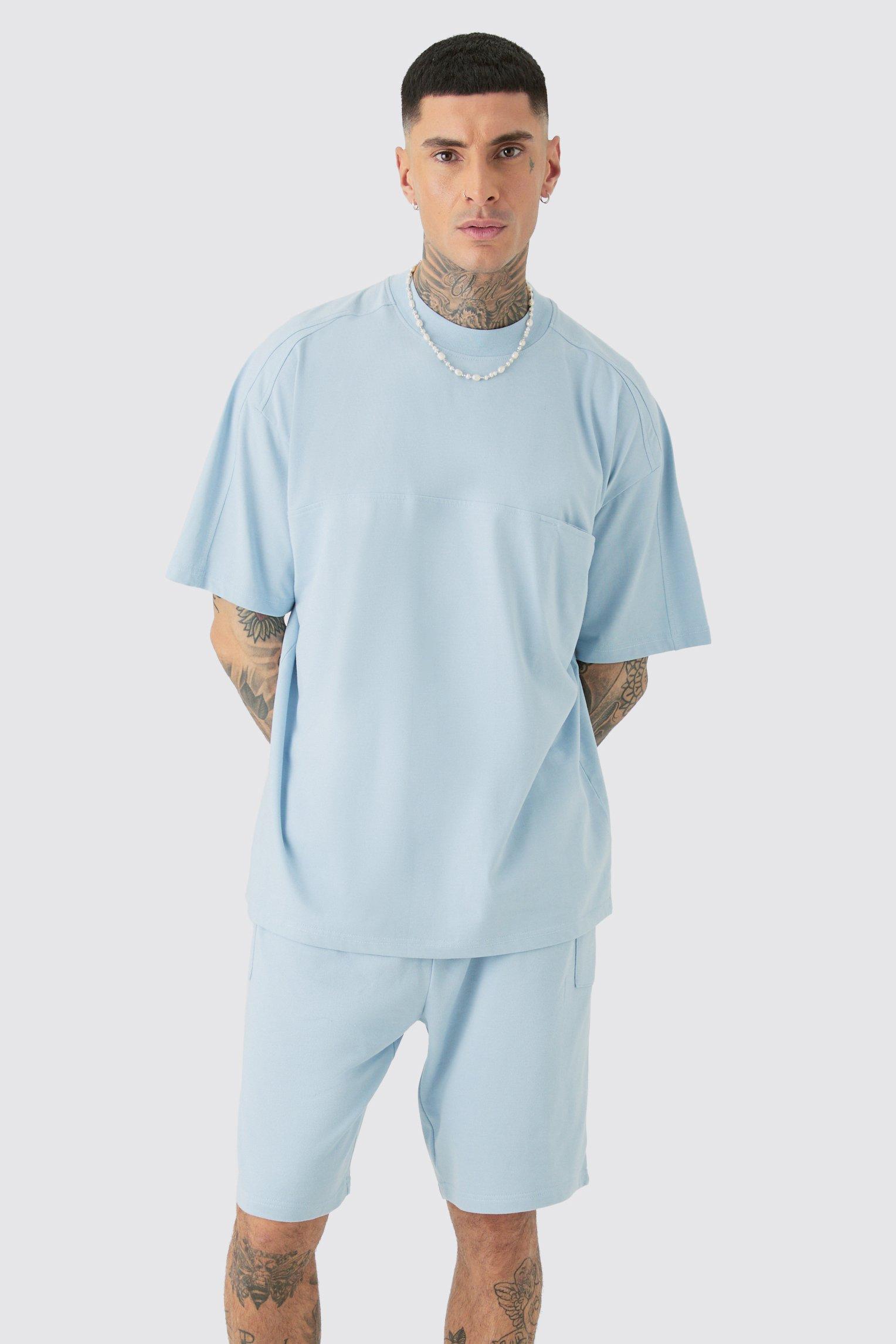 Mens Blue Tall Oversized Extended Neck Panel T-shirt & Cargo Short Set, Blue